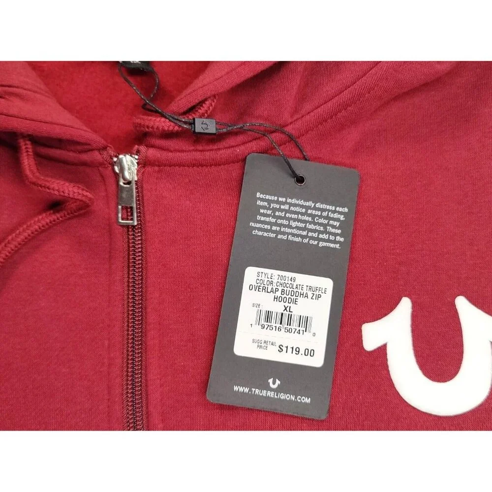 True Religion Overlap Buddha Full Zip Up Hoodie Mens XL Chocolate Truffle NWT